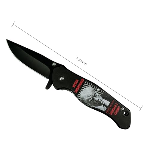 Image of PS Trump Mug Shot Stainless Steel Pocket Knife, Patriotic Everyday Carry Tool, Folding Utility Design, Belt Clip Carry Accessory, Gift and Collection Item, (Never Surrender Theme)