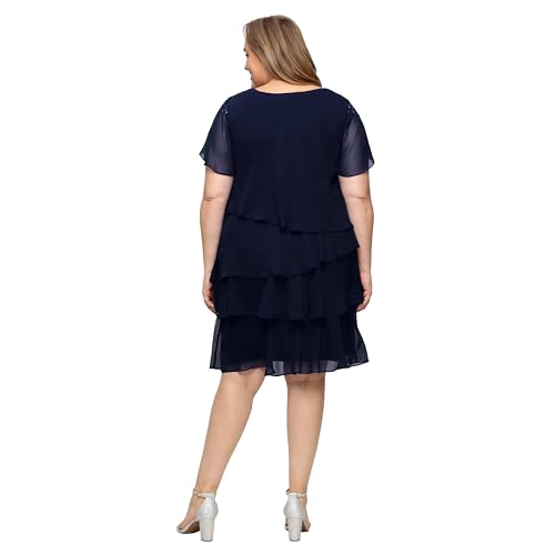 Image of S.L. Fashions Women's V-Neck Chiffon Cocktail Dress with Beaded Shoulders and Asymmetrical Tiers (Petite and Regular Sizes)