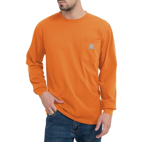 Kecols Mens Loose Fit Heavyweight Work Long Sleeve T-Shirts Comfort Pocket Tee - Tall & Regular (Orange-M)