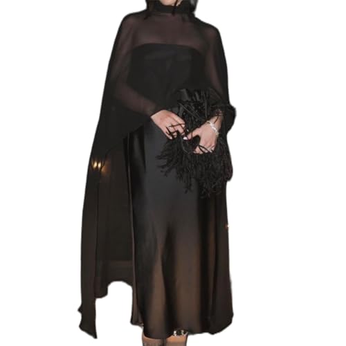 Owegvia Capa larga de gasa para mujer, capa alta y baja, poncho de malla transparente, capelets fluidos, Negro, talla única