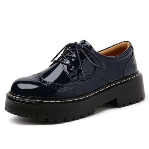Image of Womens Oxford Shoes Black Leather Platform Oxford Shoes for Women Brogue