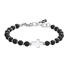 Idea Regalo - GAVU Bracciale Croce da Uomo con Perline di Pietra Lavica