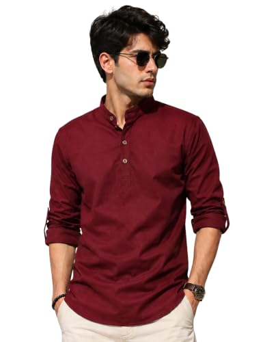 Image of Fifth U Men's Cotton Polyester Blend Solid Mandarin Collar Self Design Full Sleeve Casual Short Kurta