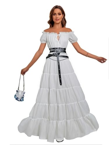 Medieval DIY Faux Leather Belt, Metal Chain Adjustable Renaissance Vintage Long Thin Belt for Dresses Cosplay Costume3