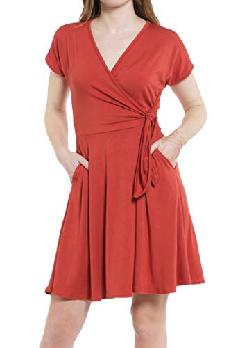 Daisy Del Sol Women's Wrap Swing V-Neck Knit Summer with Pockets Sundress Dress (Small, Brick Red)