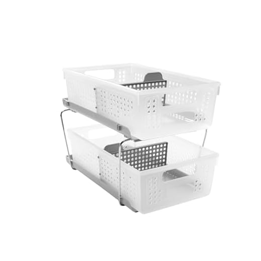 madesmart 2-Tier Organizer Bath Collection Slide-out Baskets with Handles, Space Saving, Multi-purpose Storage & BPA-Fre, Large, Frost-with Dividers
