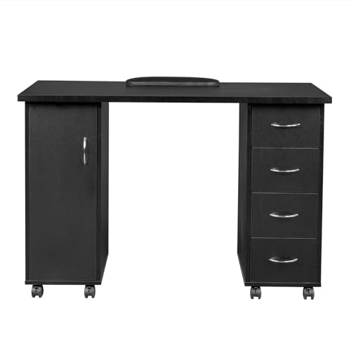 Goujxcy Rolling Nail Table Manicure Table Nail Desk Station, Beauty Salon Nail Station Desk Nail Art Equipment with 4 Drawers & Large Cabinet & Wrist Rest,Black