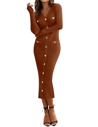 MIROL V-Ausschnitt Bodycon Pulloverkleid für Damen, Herbst, langärmliges Strick-Maxi-Kleid mit Knopfleiste, elegantes langes Kleid, Rost, Mittel