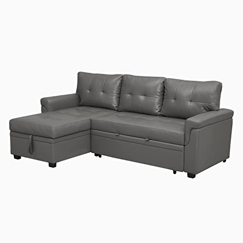 Reversible Sectional Sleeper Sofa With Pull Out Bed, Sleeper Sectional Sofa Bed Couch With Storage Chaise, Pull Out Couch Bed Sleeper Sofa Cama, L-Shape Full Size Pull Out Sofa - Gray / Air Leather #TOP5