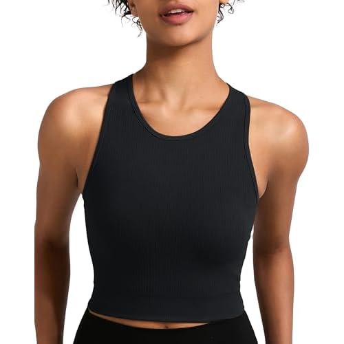 RUNNING GIRL Sports Bras for Women High Impact Seamless Ribbed Longline High Neck Workout Crop Tank Tops Padded A-black Large