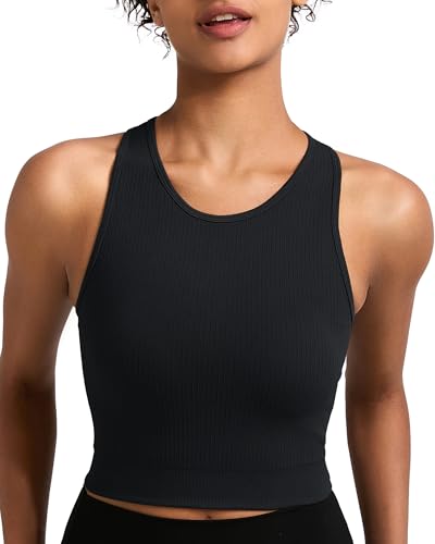 Image of RUNNING GIRL Sports Bras for Women High Impact Seamless Ribbed Longline High Neck Workout Crop Tank Tops(BX3067Black,M)