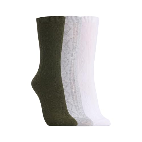 Clarks Women's Textured Crew Socks 3 Pair, Lt.Grey/White/Olive, Women's 4-10 Shoe