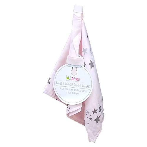Minene UK Bamboo Muslin Dummy Safety Blanket Security Blanket with Pacifier Holder, Pink with Grey and Silver Stars