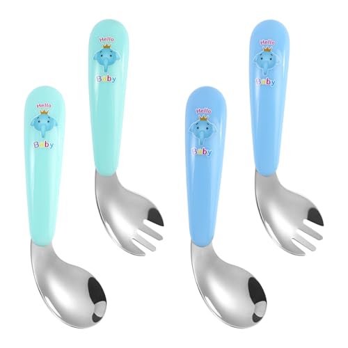 Besteck Baby Set, 4 Stück Esslernbesteck ab 1 Jahr, Gebogener Griff Training Löffel Edelstahl, Baby Löffel Gabel mit Rutschfesten Griffen,...