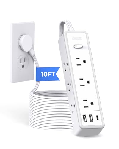 Surge Protector Power Strip 10 FT, Flat Extension Cord with 9 Widely Outlets 3 USB Ports(1 USB C), 1080J, Flat Plug, 3 Side Extension Cord with Multiple Outlets, Mounted, for Indoor Home Office, White