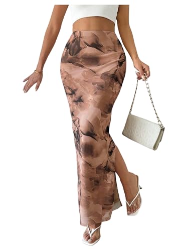 Women's Tie Dye Bodycon Long Skirts Mesh Split Thigh High Waisted Party Cocktail Skirt