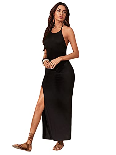 Shein Women's Sleeveless Tie Halter Neck Backless Slit Party Bodycon Maxi Dresses Black Small #TOP2