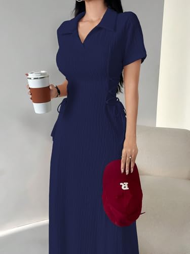 Image of Shasmi Women's Solid Color Applique Lace-Up Collared Short Sleeve, Side-Tie Waist Long Casual Maxi Women Dress Outfit Long Evening Midi Western Party Dress for Women (Dress 211)