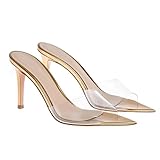 RYNKOMA Women's Clear Pointed Open Toe Stiletto Heel Slide Sandals Fashion Sexy Slip On Transparent Strap High Heels Mules Summer Backless Party Wedding Prom Dress Shoes (Gold,9)