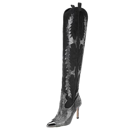 Image of CKSNDLF Women's Western Cowboy Thigh High Boot Rhinestones Cowgirl Boots Glitter Sparkly Boots Over The Knee High Heel Pointed Toe Wedding Party Shoes