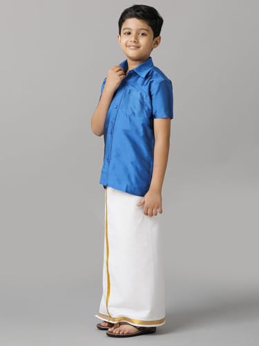 Image of RAMRAJ COTTON Boys Silk Cotton Shirt With Adjustable Cream Dhoti Perfect For Ceremonies| Festivals| And Special Occasions