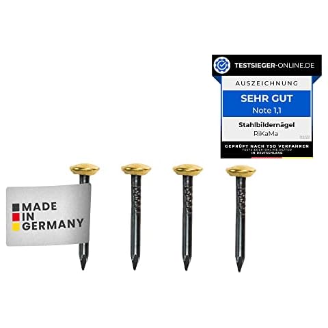 RIKAMA® - 30 Bildernägel mit 25 mm Länge - Stahlnägel mit 6 mm Messingkopf für den Einsatz auf Beton, Ziegelstein, Putz & Holz - Nägel aus gehärtetem Stahl als Bilder Aufhängung - Made in Germany Cover