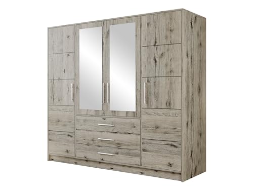 Mirjan24 Drehtürenschrank Bado 4D, Kleiderschrank mit Spiegel, Schubladen und Spiegeltüren, Elegantes Schlafzimmer Schrank, Jugendzimmer (Wellington Eiche)