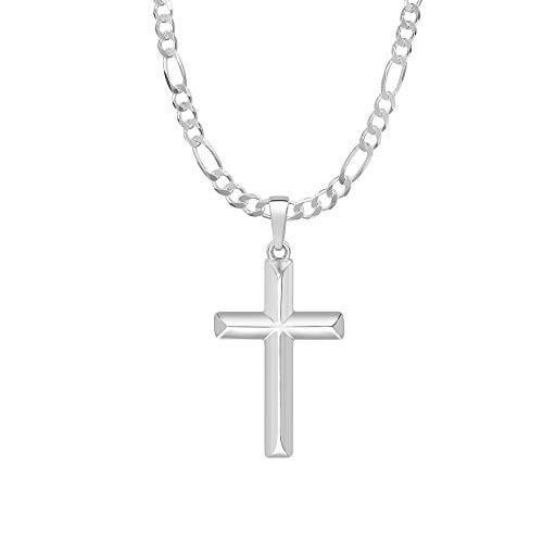 Mens Sterling Silver Cross Pendant Italian Figaro Chain Necklace