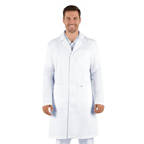 B-well Bwell Fabio Laborkittel Herren – Weiß Kittel – Arztkittel Herren, Weißer Mantel für Labor, Medizin und Studium, 3 Taschen mit Knöpfen