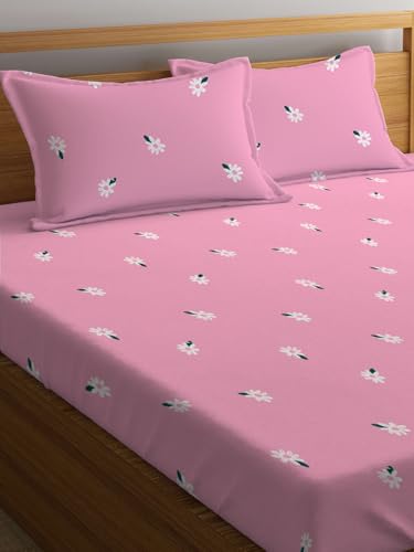 LOOMLYFE 300 TC Cotton Feel Glace Cotton Elastic Fitted Printed Queen Size Double Bed Bedsheet with 2 Pillow Covers Fits Upto 8 inches,Size- 60x78x10 Inches, PinkSmallFlower