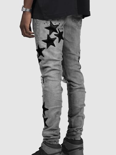 Men's Mid Rise Ripped Stacked Jeans Star Print Stretch Skinny Straight Leg Jeans Hip Hop Denim Pants3