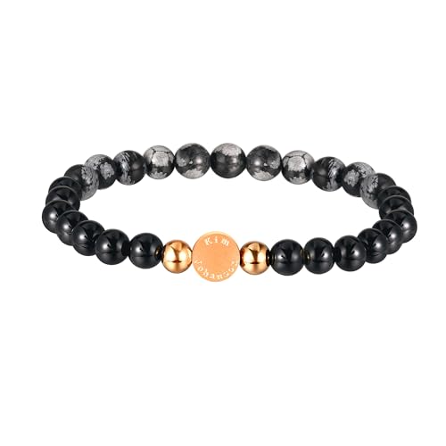 Kim Johanson® Pulsera de piedra natural para mujer con ónix, alabastro y cuentas de acero inoxidable en oro rosa, pulsera de perlas con auténticas piedras preciosas de 6 mm, hecha a mano, pulsera