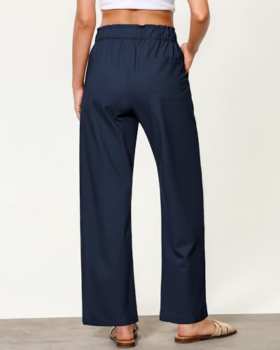 GRAPENT Linen Pants Women Wide Leg High Waisted Flowy Summer Beach Elastic Waist Pull On Baggy Palazzo Pants with Pocket2