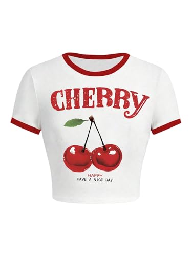WDIRARA Girl's Cherry Graphic Contrast Trim T Shirt Crew Neck Short Sleeve Tee Y2k Crop Top