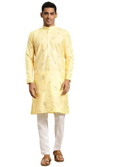 Image of SOJANYA (Since 1958 Men's Cotton Blend Navy Blue & Black Printed Kurta & White Churidar Pyjama Set