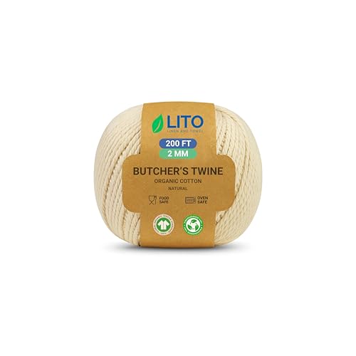 Image of LITO LINEN AND TOWEL 100% Organic Cotton Twine Macrame Thread | Natural Cotton String for Cooking, Baking, Wrapping, Crafts, DIY Garden Decor & Gift Packaging (Natural, 16PLY- 200 FEET- Pack of 1)