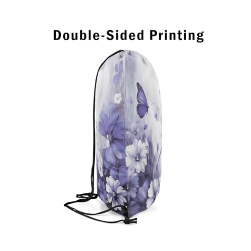 Erosebridal 3D Dragonflies Drawstring Backpack 13x15.7, Insects Printed Reversible Draw String Back Bag For Swim Yoga, White Purple Flowers Animals Drawstring Bags, Butterflies String Backpack4