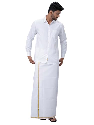 Image of RAMRAJ COTTON Men's Full Sleeve Shirt with 1 /2 Inch Gold Jari Border Dhoti