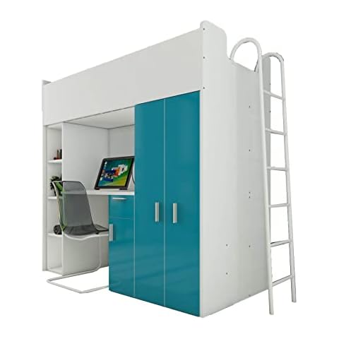 Cabin Bed High Sleeper Modern Set with Wardrobe Desk Ladder Mattress Functional Design JESSIE 4D (White and Teal) Cover