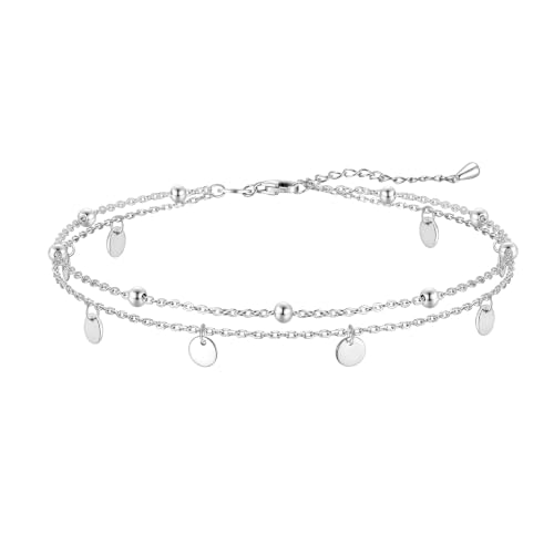 Image of CHIC & ARTSY 925 Sterling Silver Ankle Bracelets for Women, Dainty Adjustable Layered Foot Chains with Symbolic Charms, Boho Beach Everyday Lightweight Jewelry