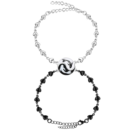 Image of 2 Couple Bracelets for men women, Love /Koi Fish /Gossip Jigsaw Puzzle Stainless Steel Heart-shaped Chain Adjustable Bracelet for Boyfriend Girlfriend Valentine's Day Gift Jewelry