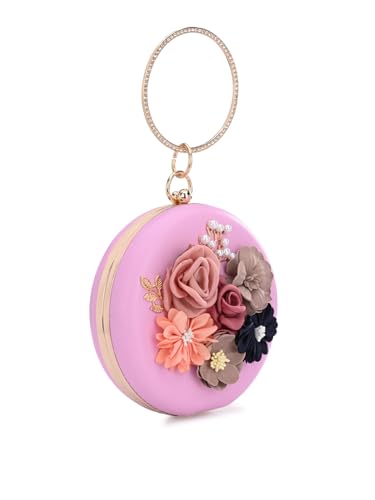 Image of TOOBA Handicraft Women's Round Shape Clutch Bag Purse | Floral Bag, Bridal Purse & Party Handbag Design with Ring Handle - Wedding & Special Occasion Clutch
