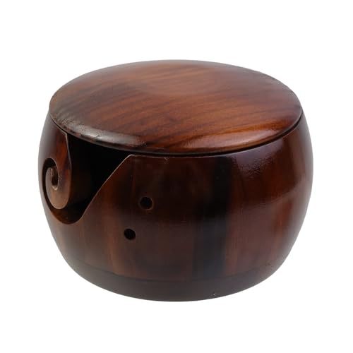 Image of Oedema Wooden Yarn Storage Bowl Crafted Yarn Bowl with Lid Crochet Bowls for Yarn, Knitting, Crocheting, 5.91inchx3.74inch, Brown