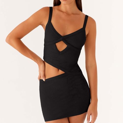 Image of Women Sexy Cutout Mini Dress Spaghetti Strap Backless V-Neck Patchwork Bodycon Short Dress Party Cocktail