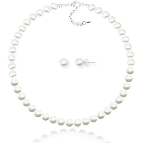 JIBSA 8mm Round Simulated Shell Pearl Necklace Sterling Silver Stud Earring Set - Wedding Bridal Tea Party Jewelry for Women Girls(14inch, White) Cover