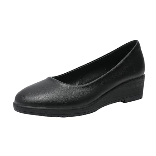 Women's Leather Slip-On Wedge Pumps Comfortable Round Closed Toe Low Wedge Heel Casual Work Office Platform Dressy Shoes