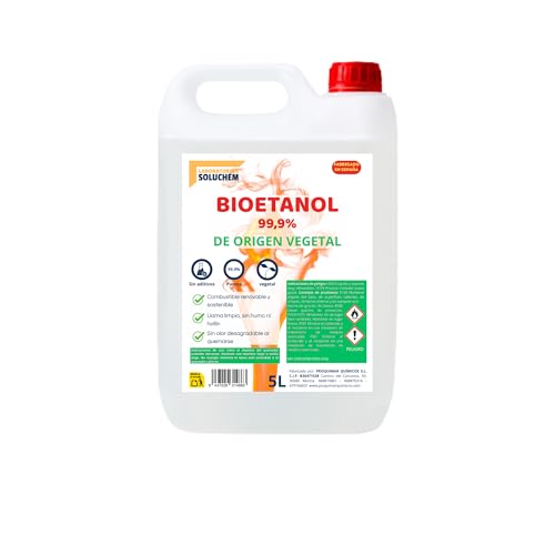 Bioetanol 99,9% Origen Vegetal | Sin Cánula | Combustible Limpio para Chimeneas de Bioetanol | Sin Humo ni Olor | Ecológico y Renovable | Apto para Quemadores y Estufas de Bioetanol (5 litros)