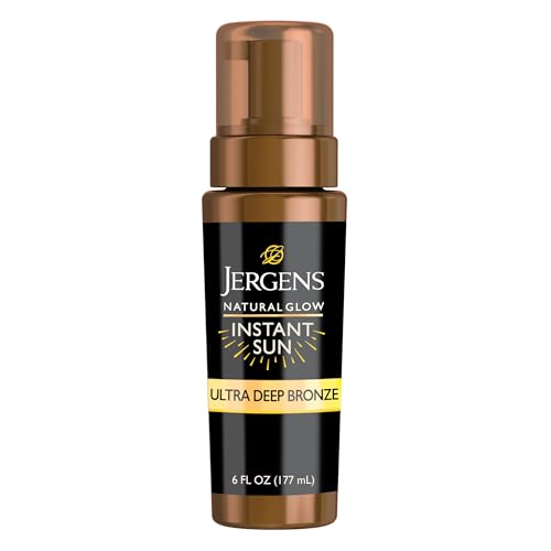 Image of Jergens Natural Glow Instant Sun Body Mousse, Self Tanner for Ultra Deep Bronze Tan, Sunless Tanning Body Bronzer, Natural Looking Fake Tan, 6 Oz