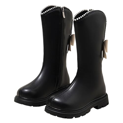 Girls Cowboy Boots Leather Round Toe Side Zipper Mid Calf Booties Bow Knot Riding Winter Tall Boots2