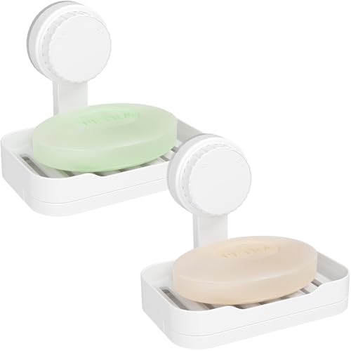 Lifewit Jabonera Ventosa para Ducha, 2 Pieza Soap Holder con Desagüe, Jabonera de Plástico sin Taladrar, Estanteria Ventosa Extraíble de Pared para Ducha, Portaesponjas de Cocina, Blanco